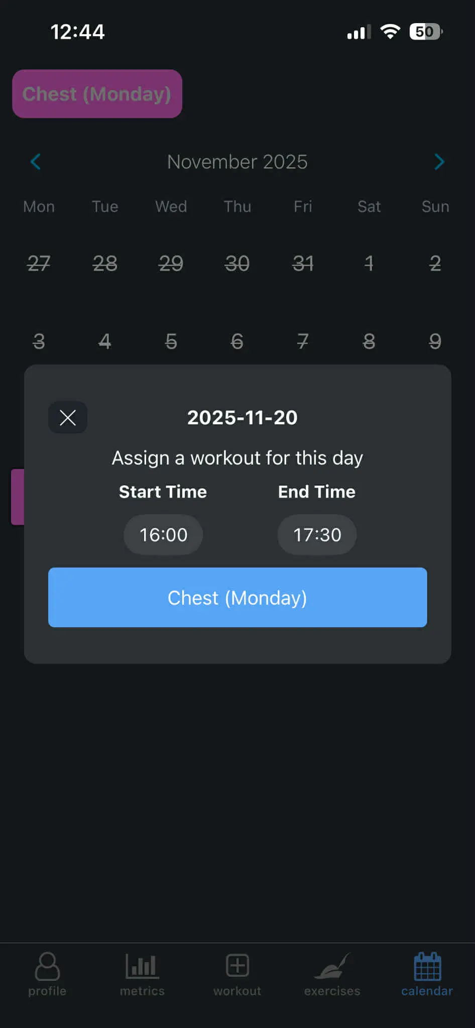 Adding a workout to the calendar