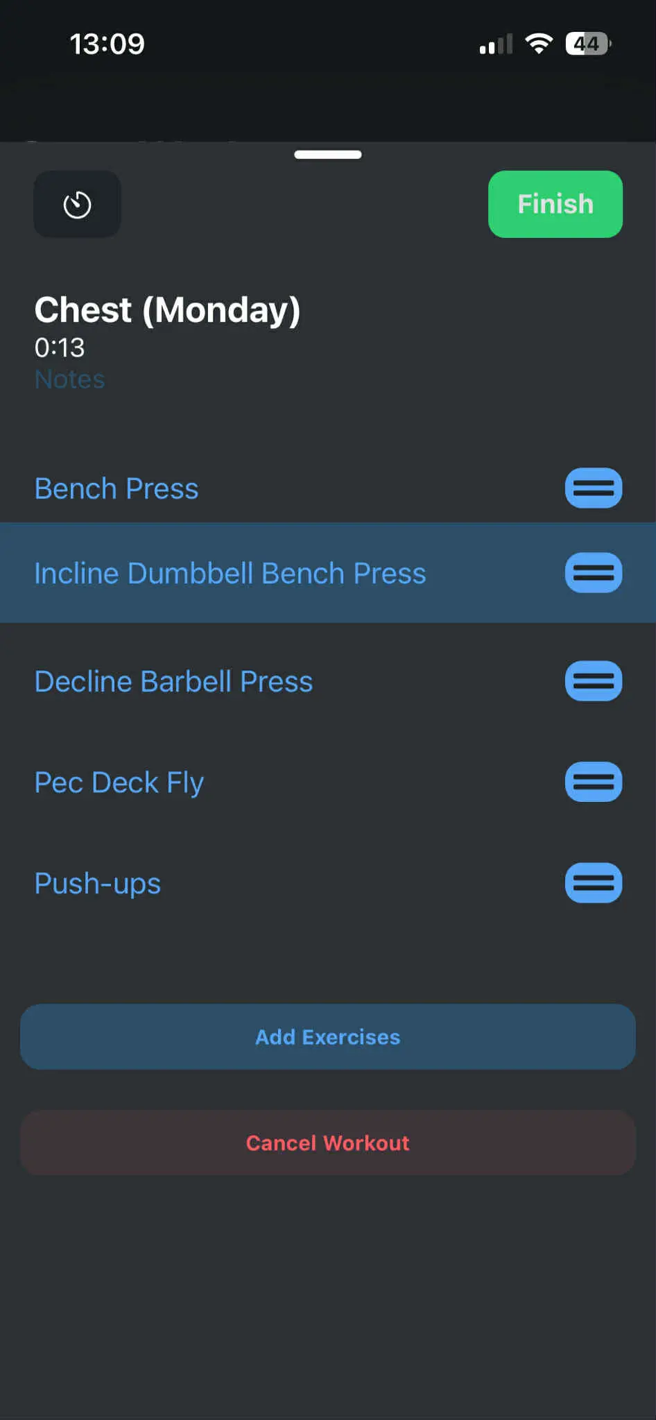 Changing exercise order by drag and drop
