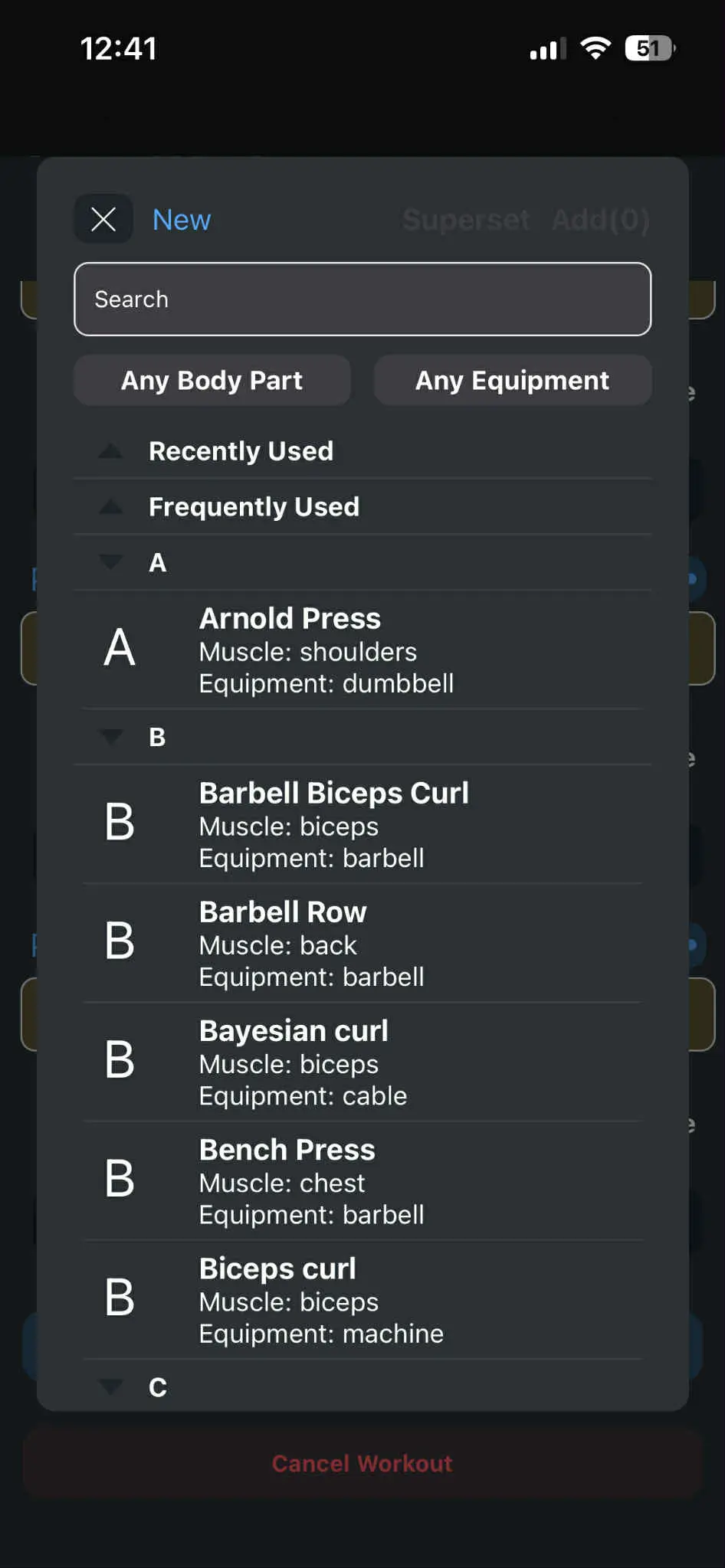 Full list of exercises in the app