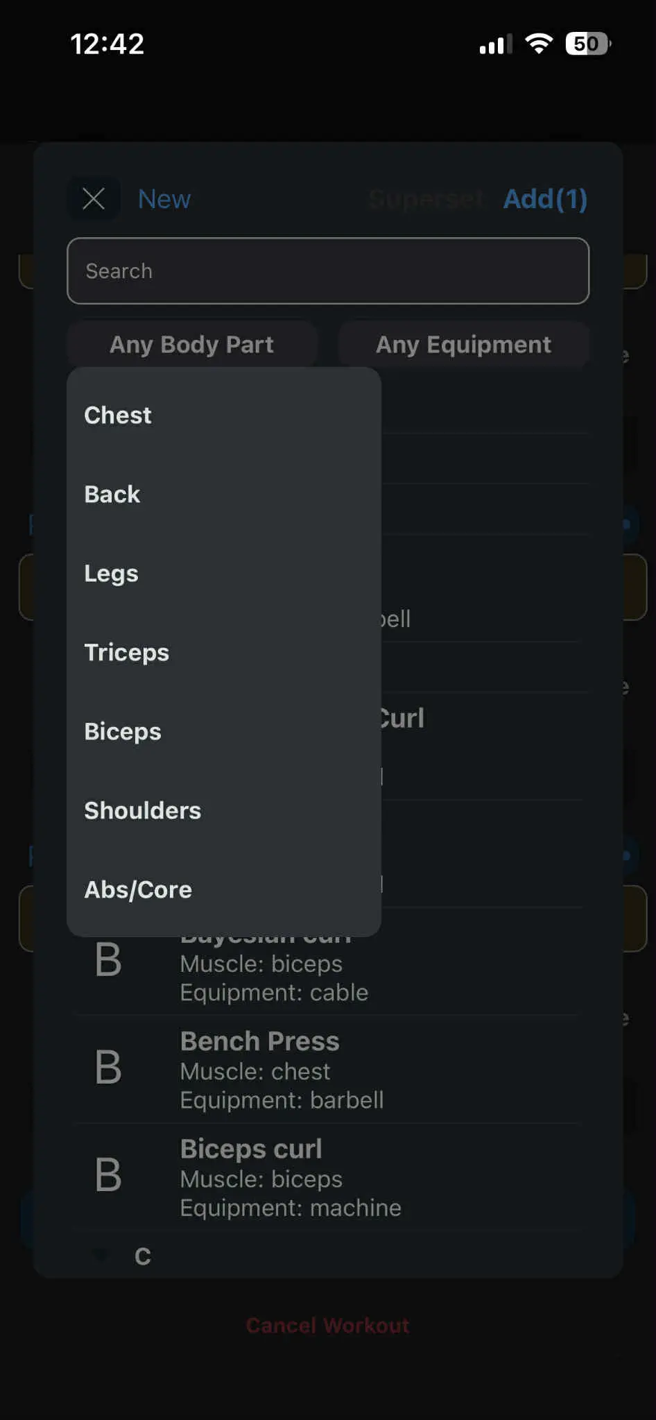 Exercise filters by body part and equipment