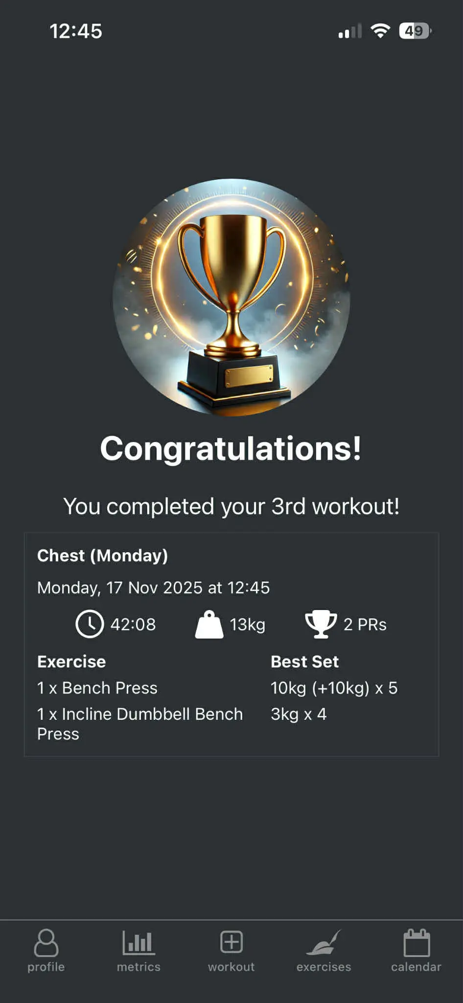 Finished workout summary screen