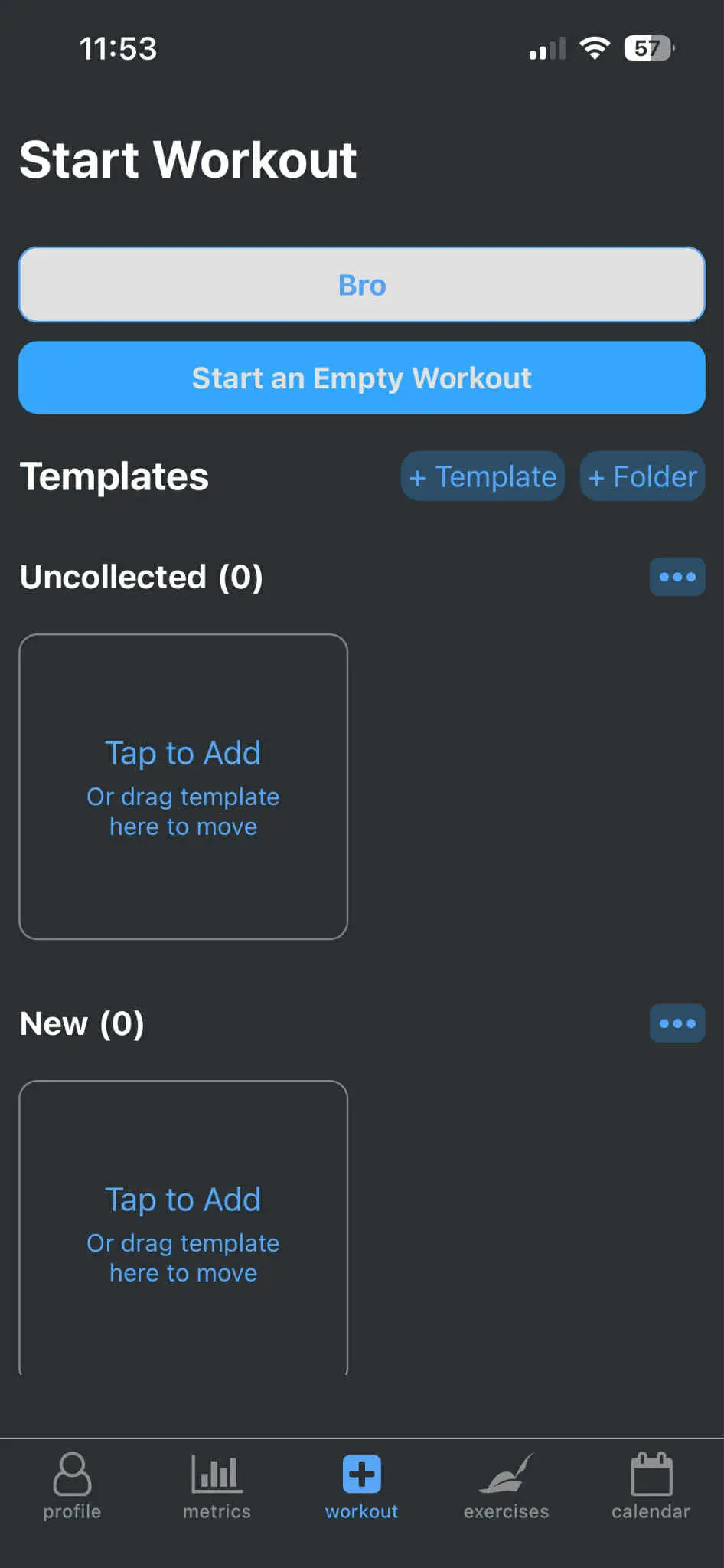 Main workout page with folders in TrueGrind