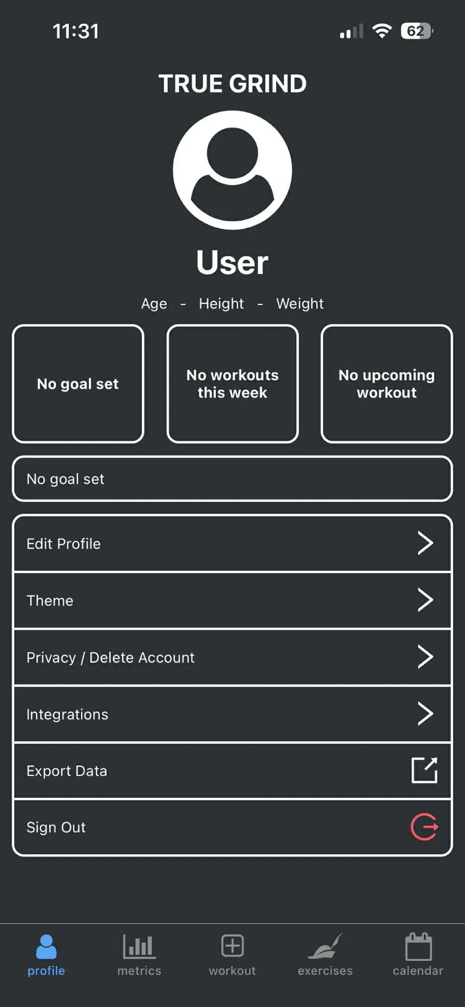 Profile screen showing empty state