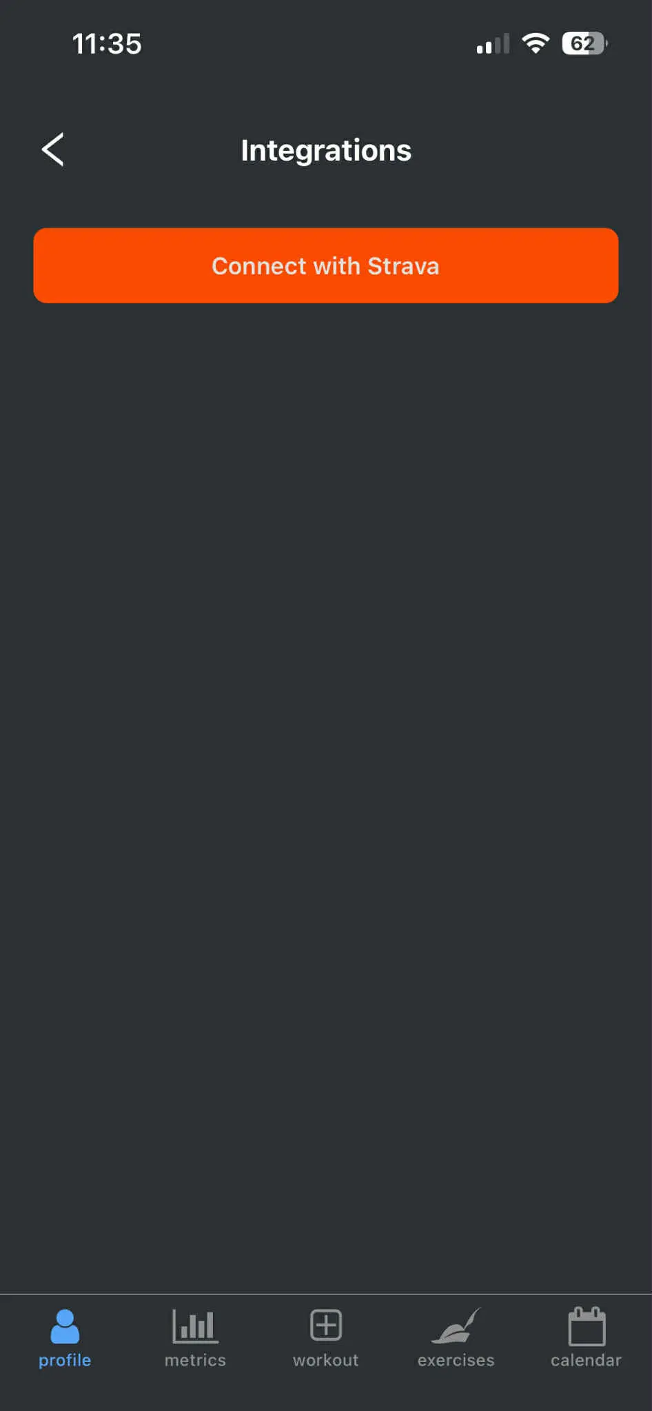 Profile screen showing integrations