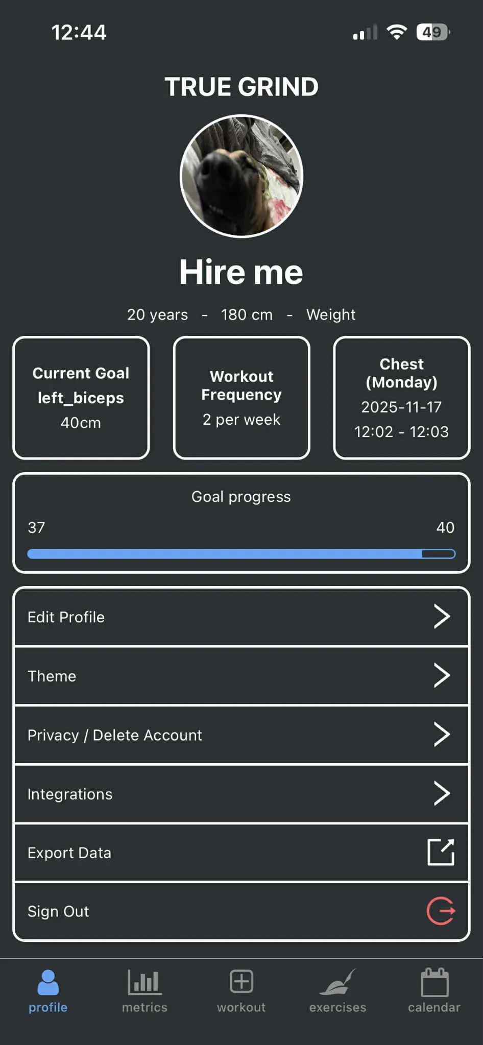 Profile screen showing upcoming workout