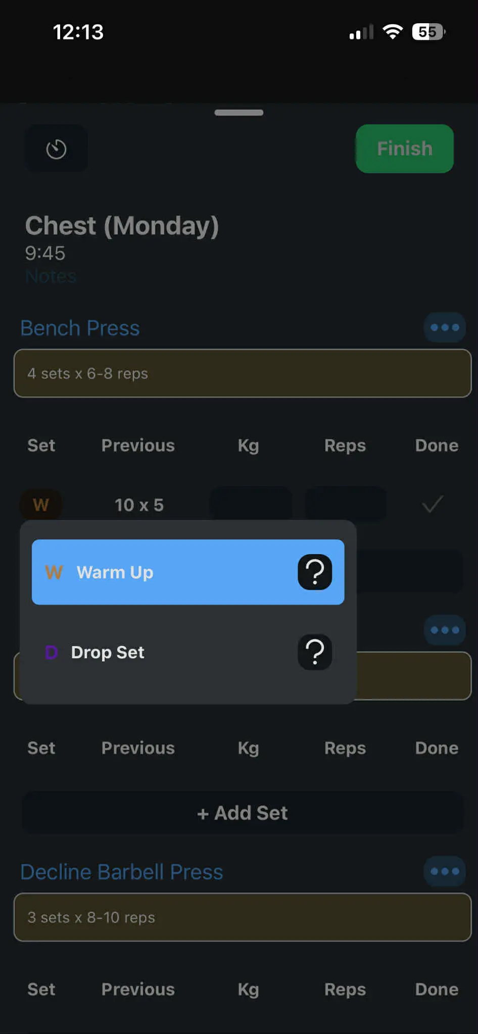 Changing set type in a workout
