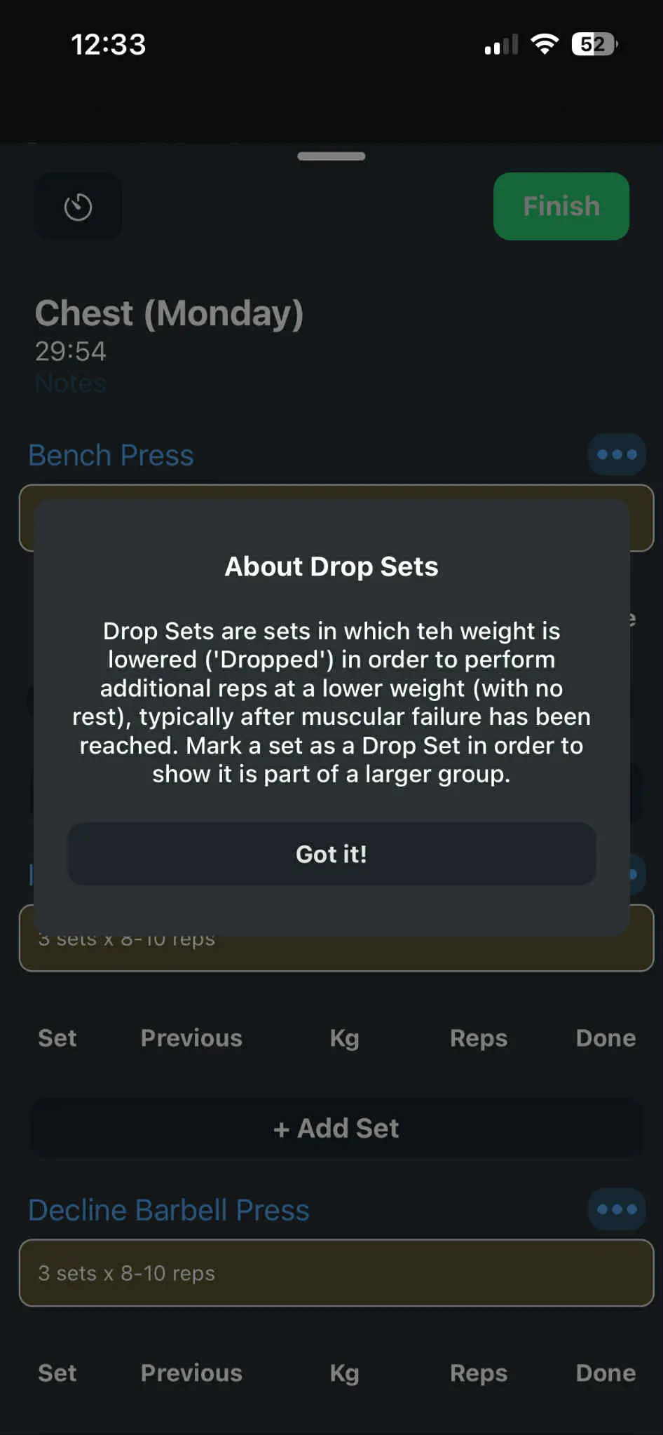 Info modal explaining drop sets