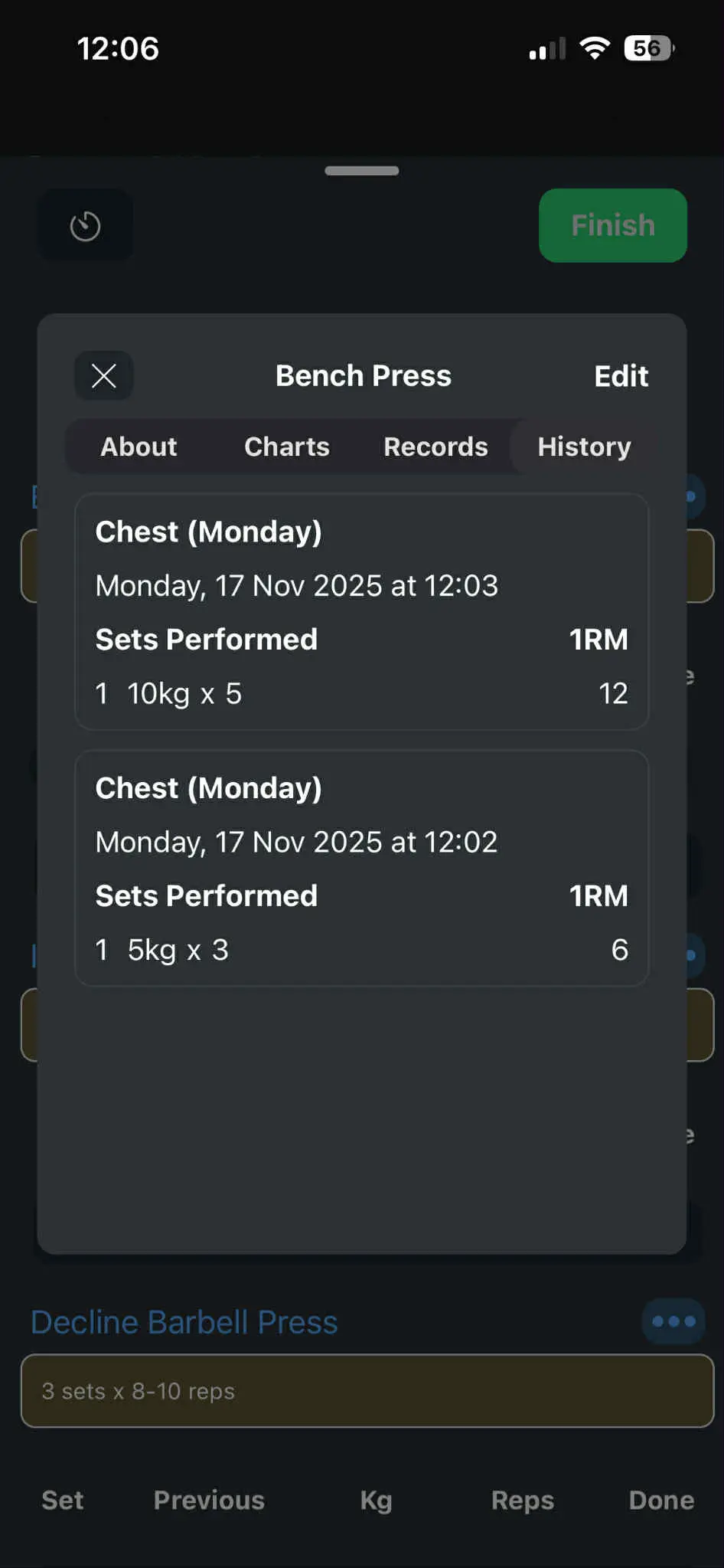 Exercise history list