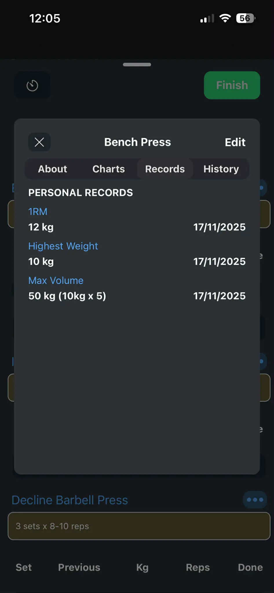 Exercise records list
