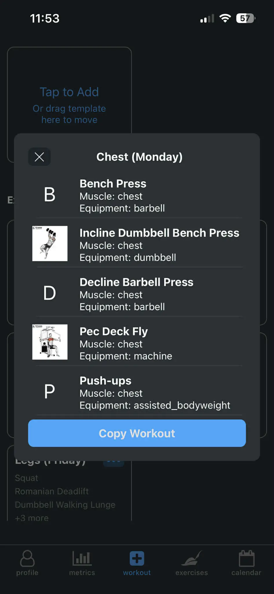 Main page with workout modal