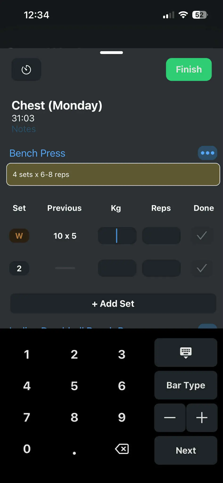 Custom numeric keyboard for weight and reps