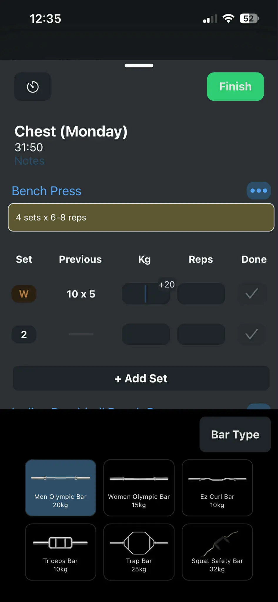 Choosing bar type and weight on custom keyboard