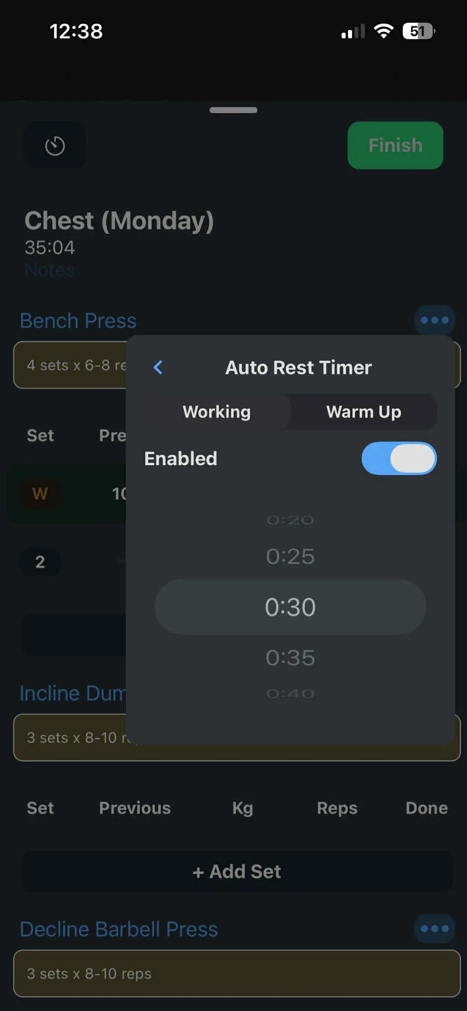 Timer options for working sets