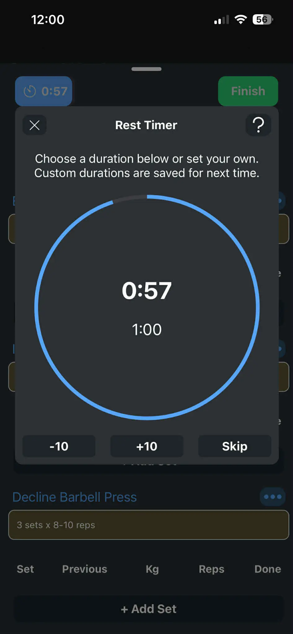 Setting a rest timer for a workout
