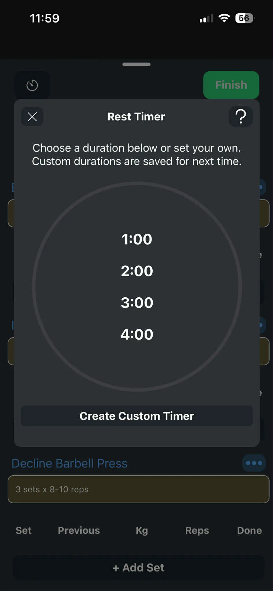 Setting a rest timer for a workout manually