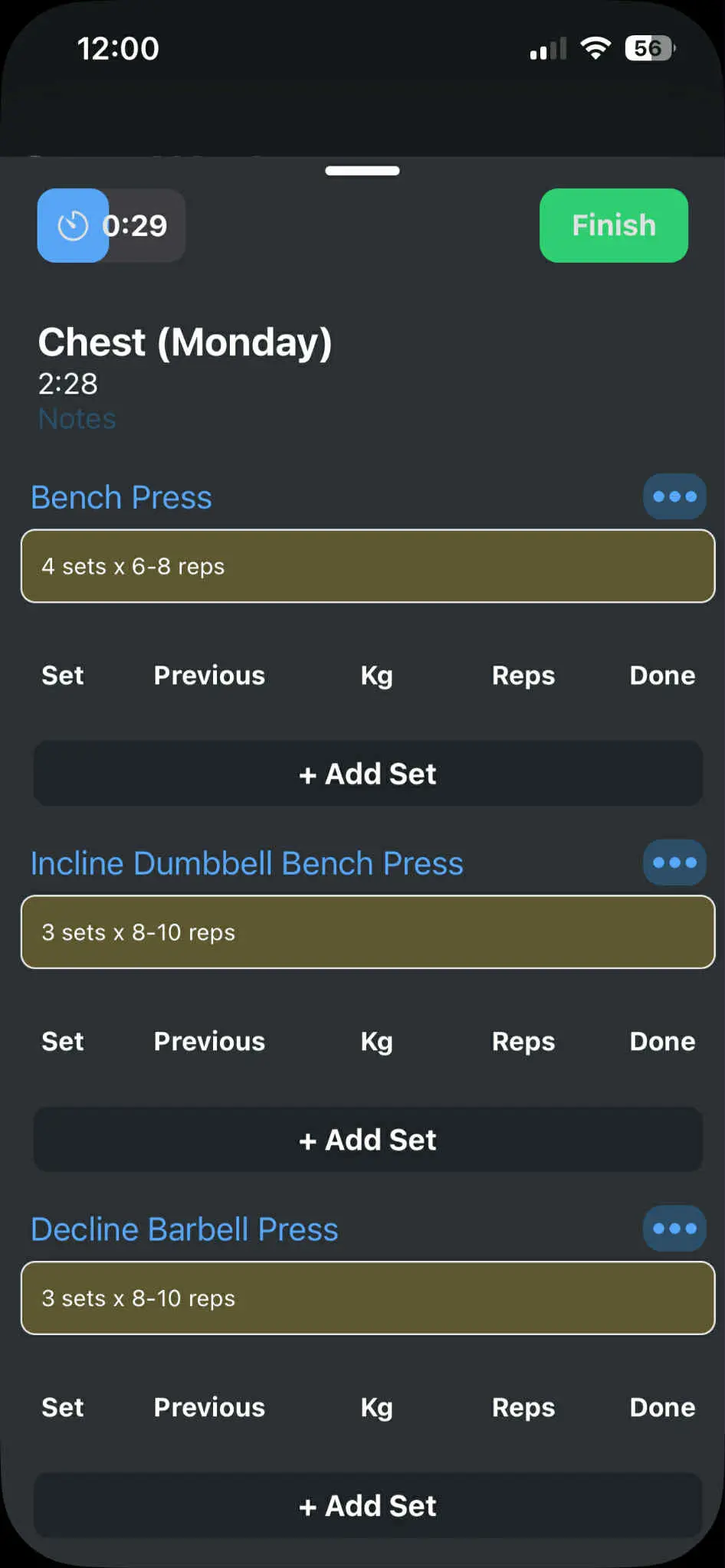 Workout bottom sheet with sets and timer